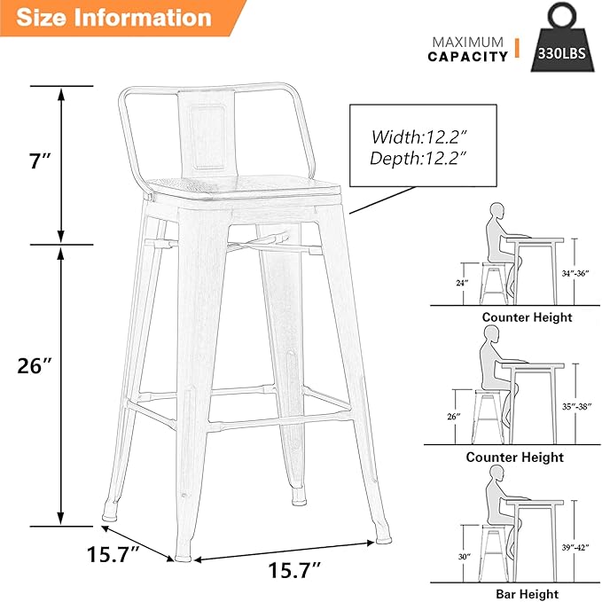 Yongchuang 26 inch Bar Stools Set of 4 Industrial Kitchen Counter Height - Image 3