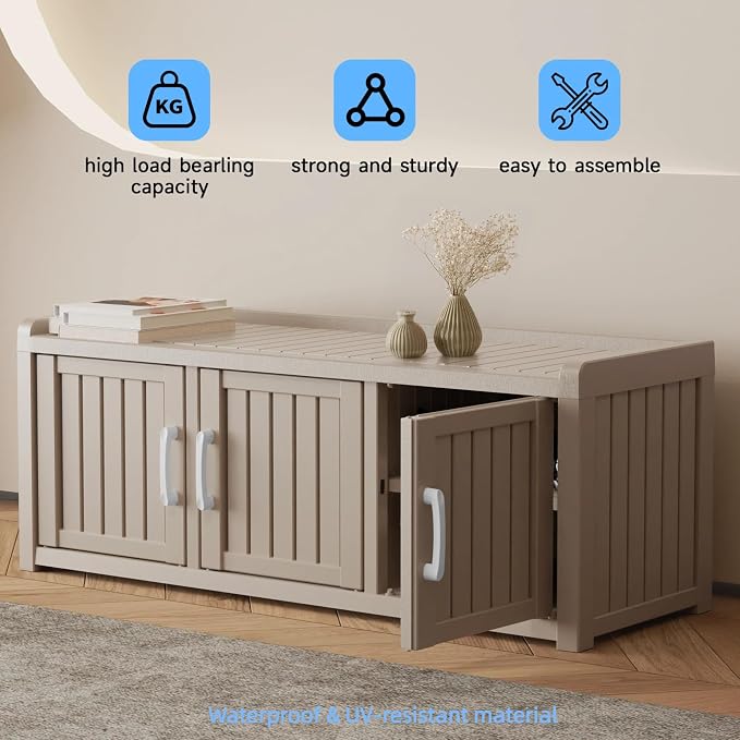 3 Doors Shoe Bench, Waterproof & UV-Resistant, Resin Shoe Cabinet Indoor & - Image 4