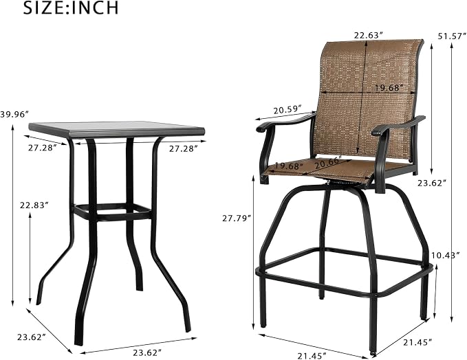 LEVELEVE Patio Bar Set 3pcs Swivel Bar Stools Outdoor Bistro Textilene - Image 3