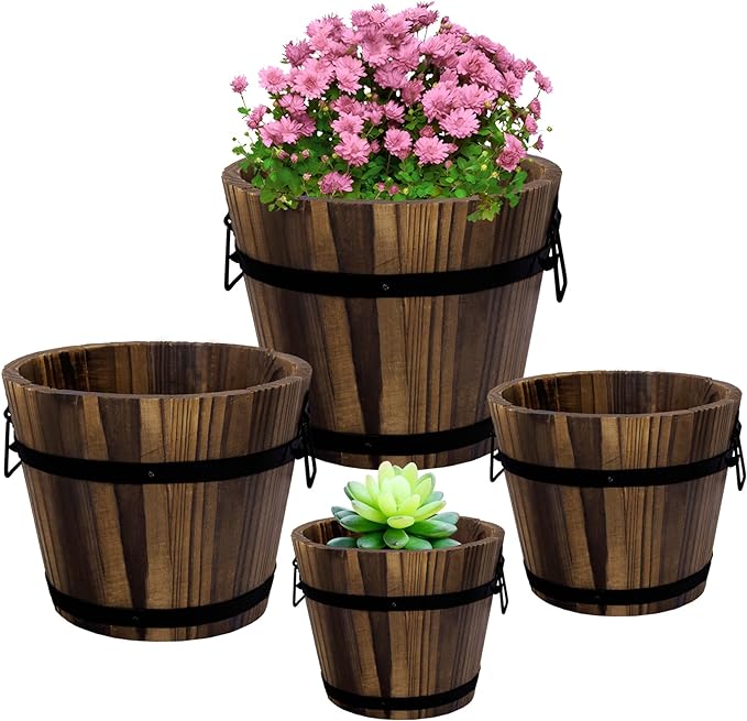 Adnee 4 Pack Wooden Whiskey Barrel Planters by Adnee
