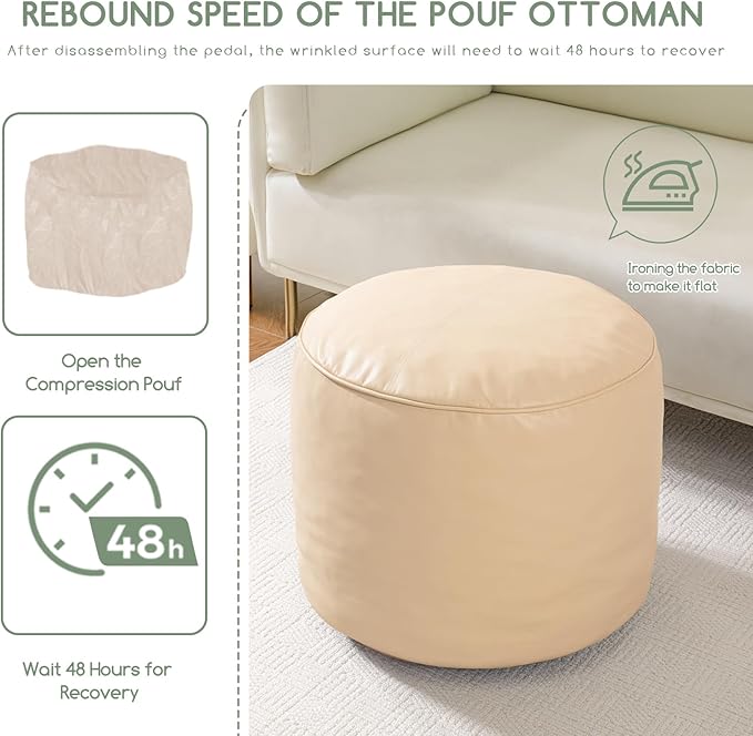 HIGOGOGO Round Stuffed Pouf Ottoman, Pu Leather Poufs - Image 5