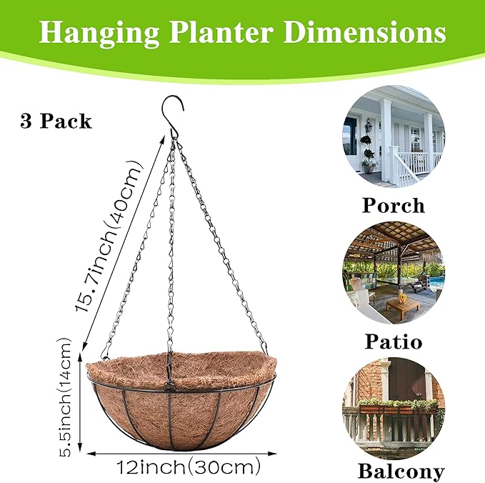Metal Hanging Planters Basket Set of 3 Hanging Flower Pots 12 Inch Chain Round - Image 4