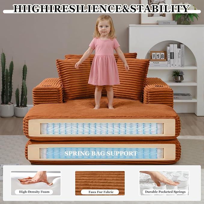 HANXIN 62" Chaise Lounge Chair Indoor, Oversized Corduroy Boneless Convertible - Image 3