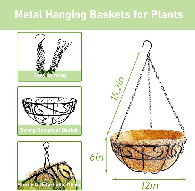 Hanging Planters for Outdoor Plants, 2 Pack 12 inch Wire Hanging Baskets - Image 3