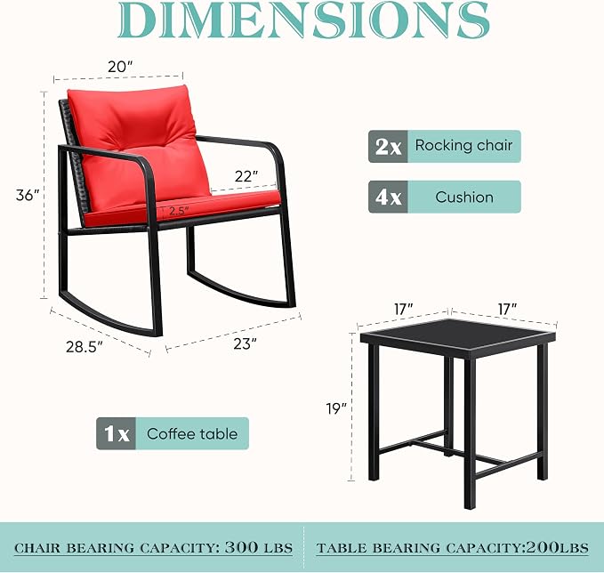 Greesum 3 Pieces Rocking Wicker Bistro Set, Patio Outdoor Furniture - Image 4