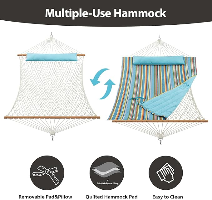 Outdoor Double Hammock with Hardwood Spreader Bars, Large Rope Hammock with - Image 3