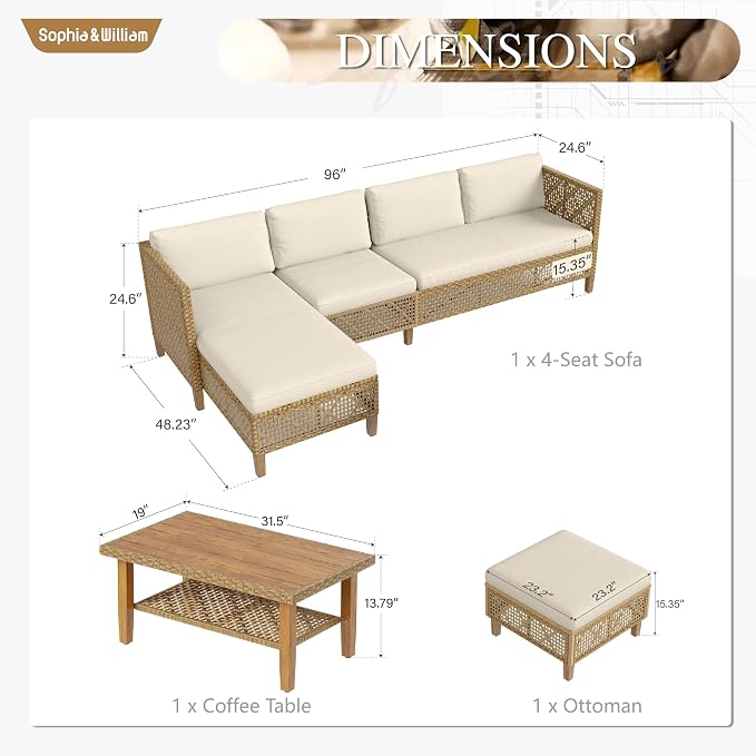 Sophia and William 5-Piece Wicker Patio Furniture Set, L-Shaped Outdoor - Image 7