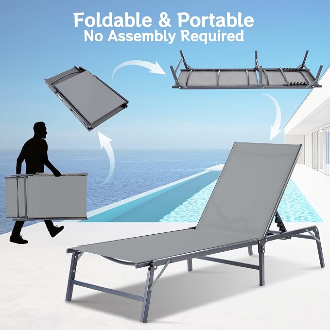 Outdoor Chaise Lounge Chair Set of 2, Foldable & Assemble-Free, 6 Adjustable - Image 4