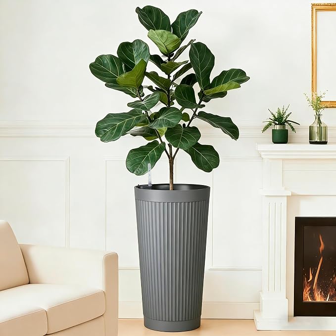 24" Large Planter Set of 2, Self Watering Tall Plastic Planters - Image 8