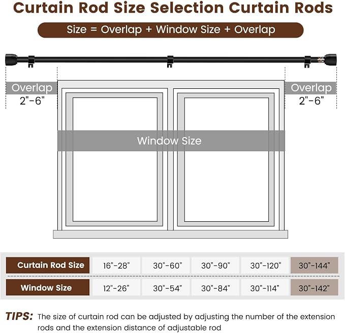 Matte Black Curtain Rod Itself is 30-144 inch 2 Pack, Fit 30 to 142, 66 to 120 - Image 3