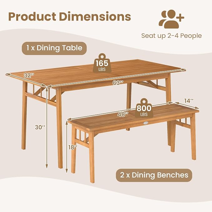 Tangkula 3 Pieces Patio Dining Set, Acacia Wood Space Saving Outdoor - Image 9