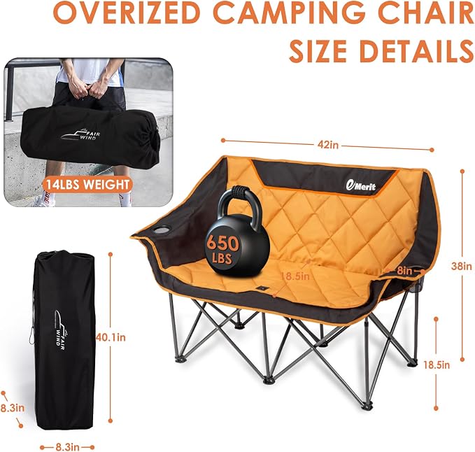 EMERIT Oversized Double Duo Camping Chair Folding Camping Loveseat 2 Person - Image 2