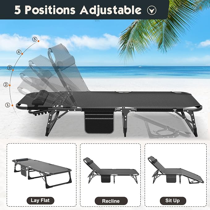 MOPHOTO Folding Chaise Lounge Chair 5-Position, Folding Cot, Heavy Duty Patio - Image 5