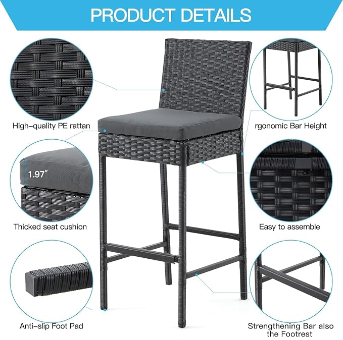 ECOTOUGE Rattan Bar Stools Set of 2, Outdoor Wicker Barstools Counter Height - Image 4
