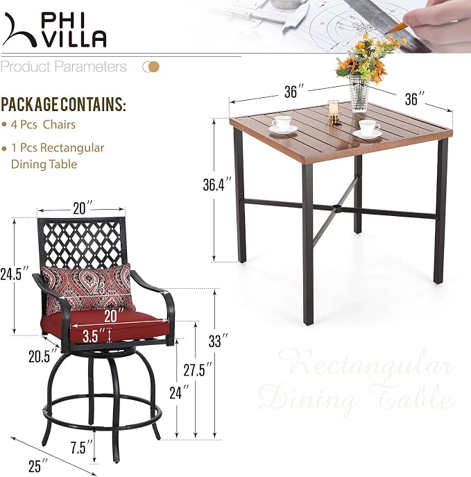 PHI VILLA 5 pcs Outdoor Bar Set, Outdoor Swivel Bar Stool - Image 7
