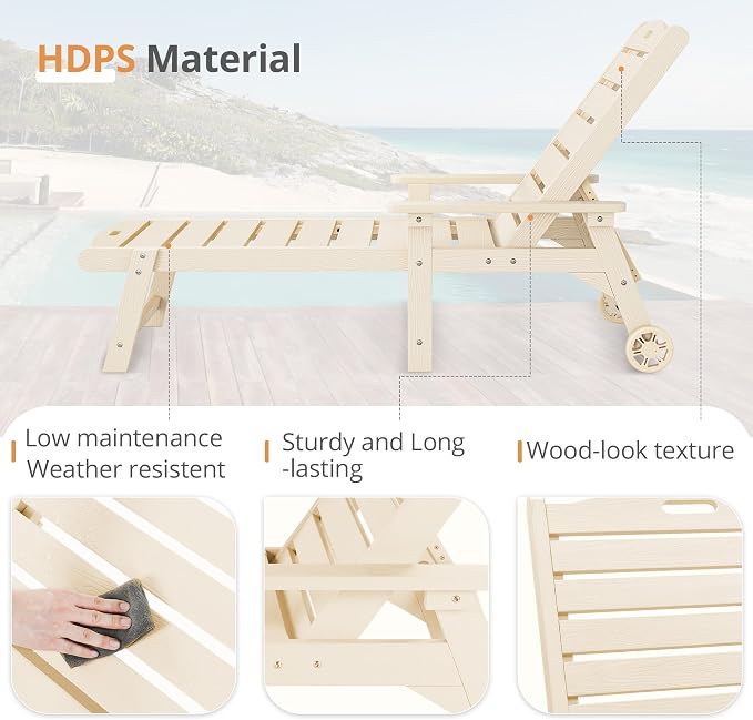 LUE BONA Outdoor Chaise Lounge Chairs Set of 2, HDPS Chaise Lounger, 5 - Image 7