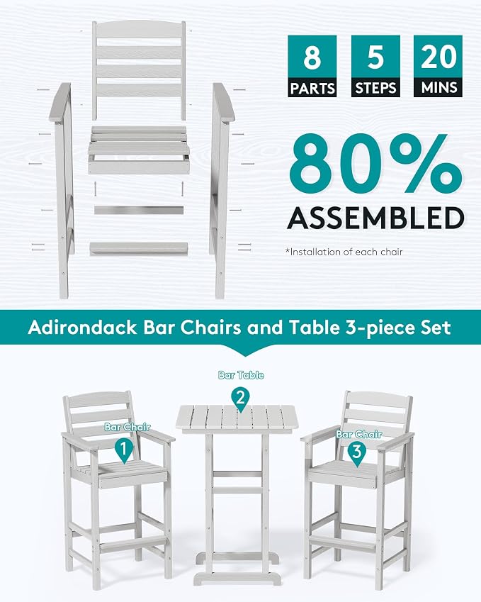 SERWALL Tall Adirondack Bar Chairs and Table 3 Pieces Set, Adirondack Bar - Image 6