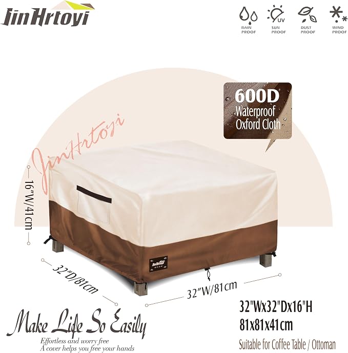 JinHrtoyi Patio Square Table Cover, 32Wx32Dx16H Inches 100% Waterproof Heavy - Image 2