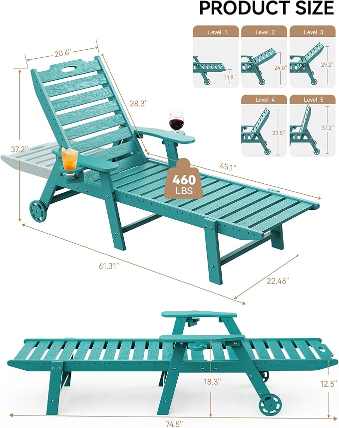 Carauci Lounge Chair Outdoor Set of 2, HDPE Chaise Lounge - Image 3