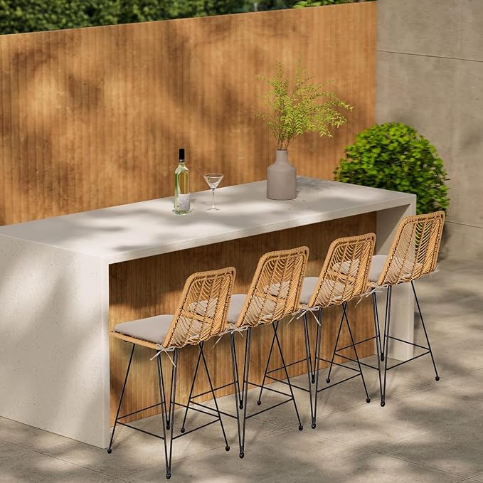 IDZO Set of 2 Rattan Counter Stools, 400lbs Capacity, Cushioned Seats, Steel - Image 7