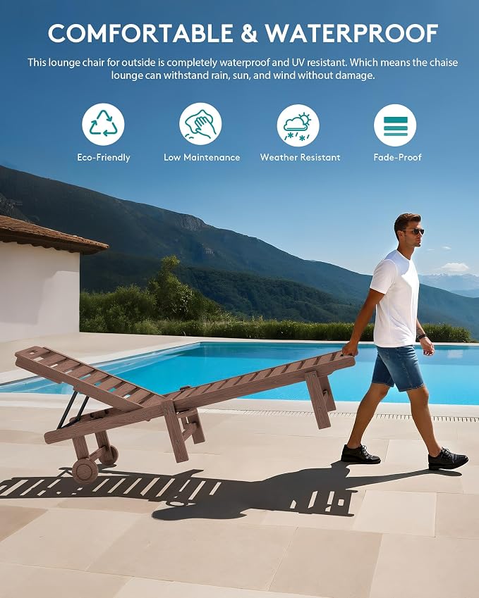 SERWALL Outdoor Chaise Lounge Set of 2, All-Weather HDPE Pool Lounge Chairs - Image 4