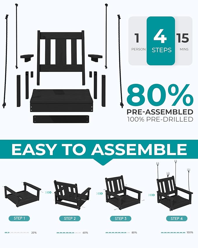 SERWALL HDPE Single Porch Swing, Heavy Duty Single Person Swing Chair - Image 7