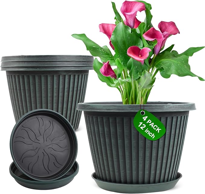Large-Planter-Indoor-Outdoor Plant Pots, 12 inch 4 Pack Plastic Flower Pots by Myfeegoin