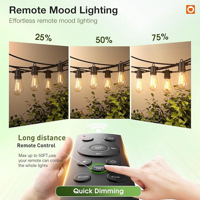 addlon 50FT LED Outdoor String Lights, Remote Dimmable Patio Lights - Image 3
