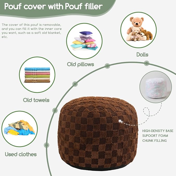 HIGOGOGO Round Stuffed Pouf Ottoman, Plaid Poufs - Image 3