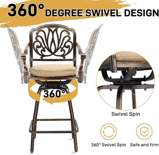 VINGLI 3 Piece Outdoor Bar Set, Cast Aluminum Outdoor Swivel Bar Stools and - Image 2