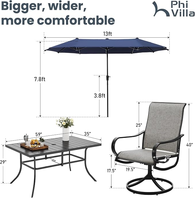 PHI VILLA 8 Piece Outdoor Furniture Patio Dining Set, 6 Swivel Textilene Fabric - Image 7