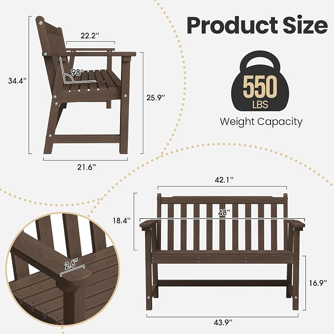Ciokea 48" Outdoor Bench Set of 2, HDPE Weatherproof Garden Bench, 2-Person - Image 2