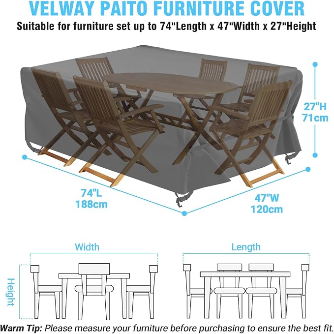 Velway Patio Table Chairs Set Cover Square Waterproof 74"Lx47"Wx28"H Outdoor - Image 4