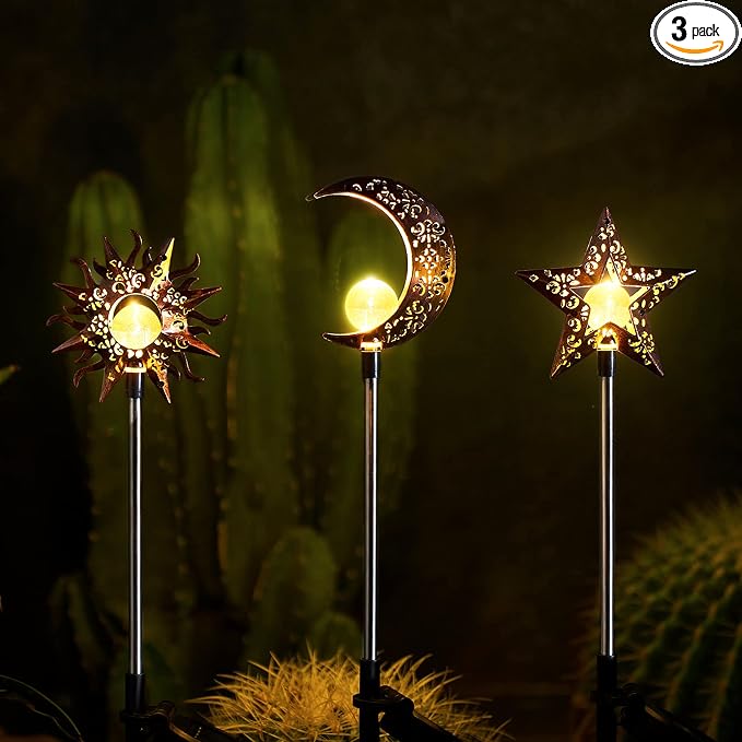 Solar Garden Stake Lights, Moon Sun Star Yard Decorations Outdoor 3 Pack Solar by Tryme