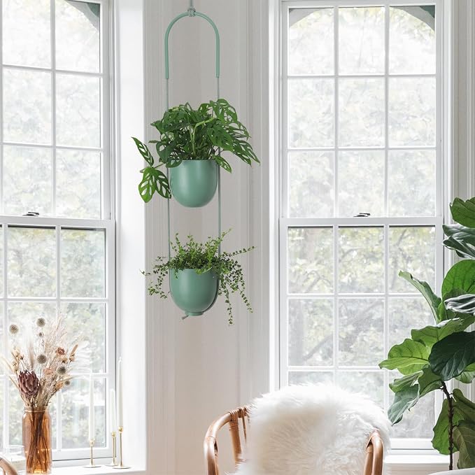 Metal Hanging Planters 2 Tiers Indoor Outdoor Modern Plant Hangers Wall Ceiling - Image 4