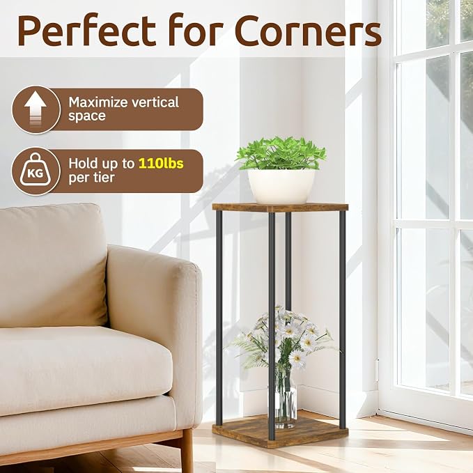2 Tier Plant Stand Indoor, Oppro 28In Tall Corner Vertical Wood Metal Shelf - Image 4