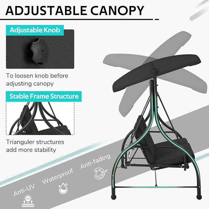U-MAX Porch Swing with Cover, Patio Swing with Adjustable Backrest&Canopy 3 - Image 4