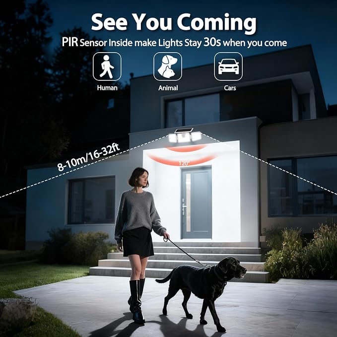 INCX Solar Motion Sensor Lights Outdoor, 3 Heads Security Lights Solar Powered - Image 2