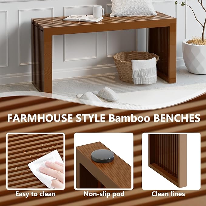 Bamboo Dining Bench Indoor Long Entryway Shoe Rack Bench, Outdoor Modern Wood - Image 3
