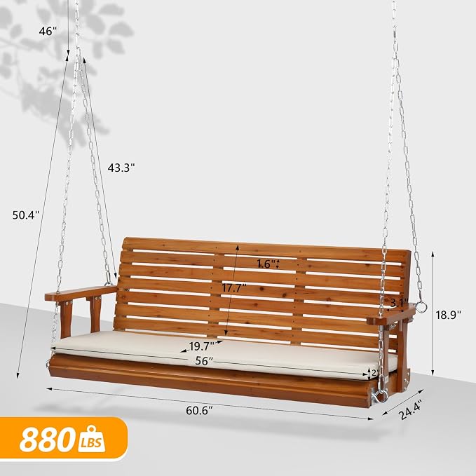 VINGLI Heavy Duty 880 LBS Patio Wooden Porch Swing Outdoor - Image 5