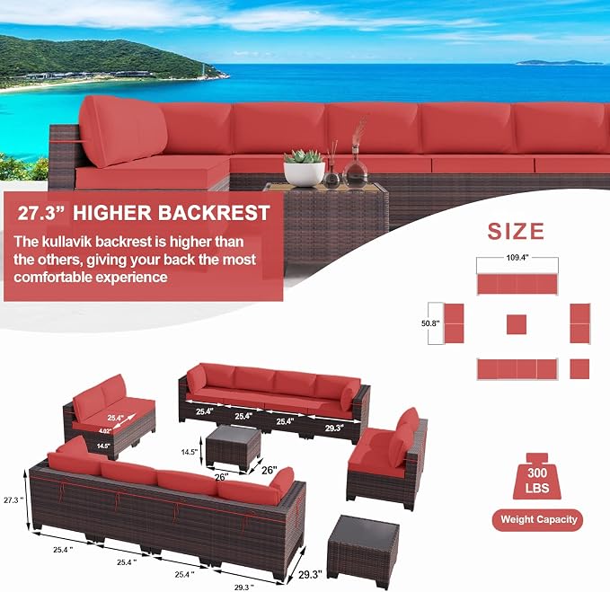 Kullavik 14 Pieces Outdoor Patio Furniture Set, Sectional Rattan Sofa Set Brown - Image 3