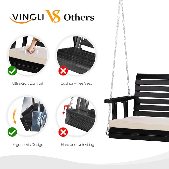 VINGLI Wooden Porch Swing, Heavy Duty 880 LBS Hanging Patio Bench - Image 2