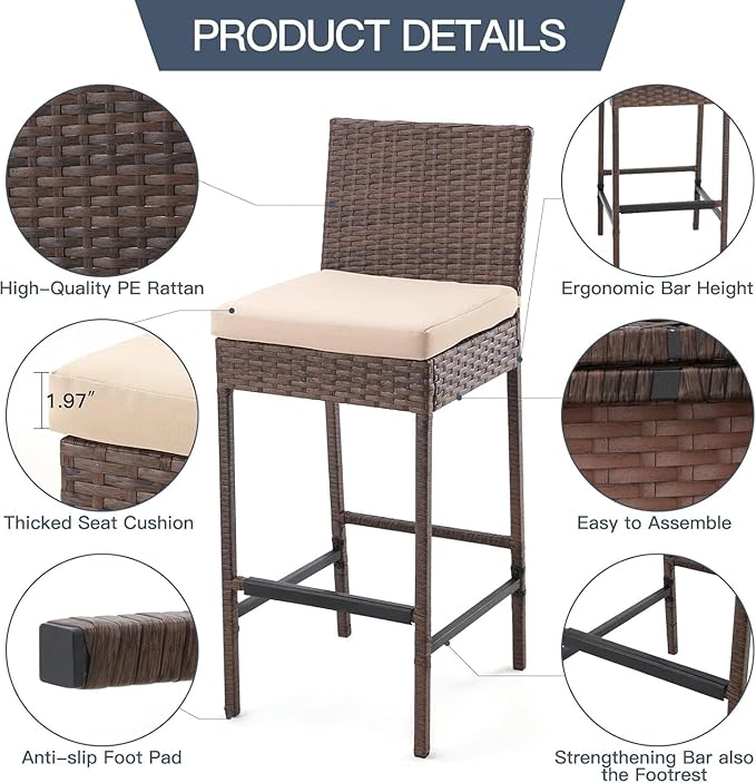 ECOTOUGE Set of 4 Outdoor Rattan Bar Stools - Image 4