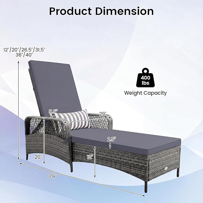 COSTWAY PE Rattan Chaise Lounge Chair, 6 Gear Adjustable Recliner - Image 3