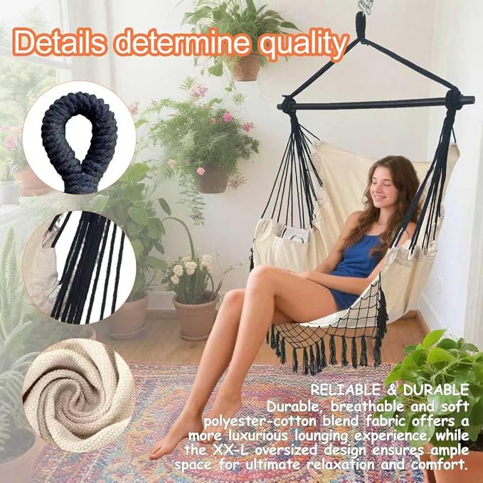 Hammock Chair Hanging Rope Swing Chair, Max 450 Lbs, Large Hanging Chair - Image 5