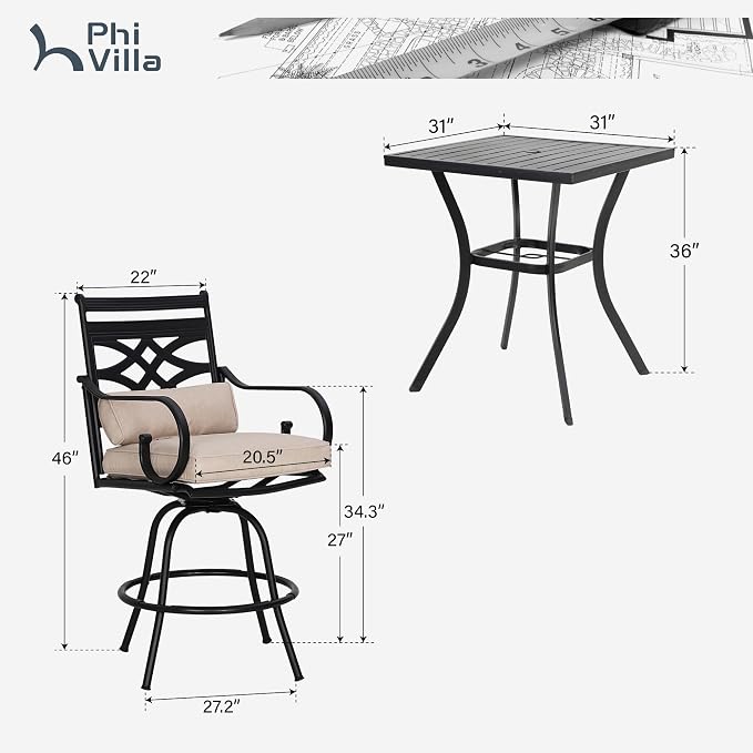PHI VILLA 3 Pieces Patio Bar Set, Outdoor Bar Table and Chairs Set, Strong and - Image 7