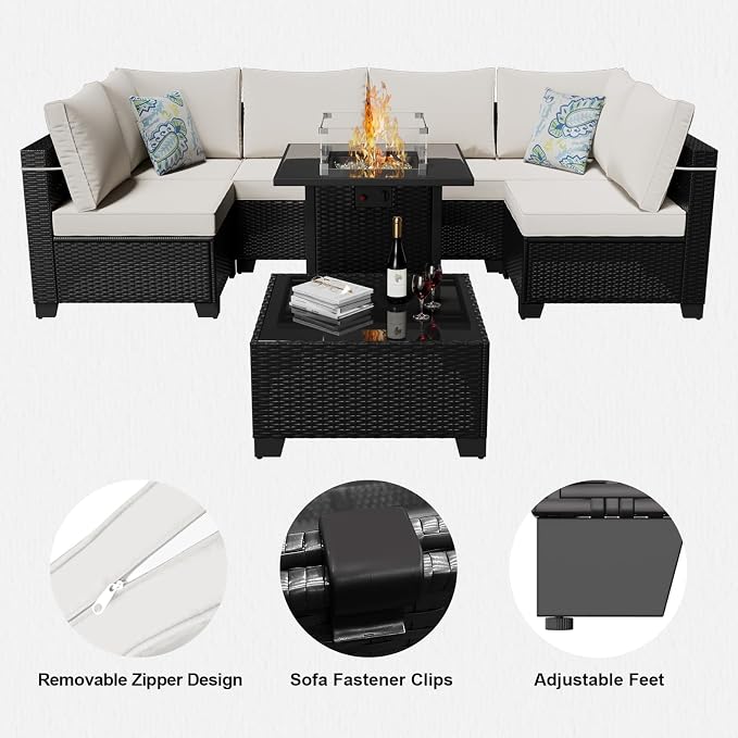 8 Pcs Patio Furniture Set with Fire Pit Table Wicker Outdoor Sectional Sofa - Image 3