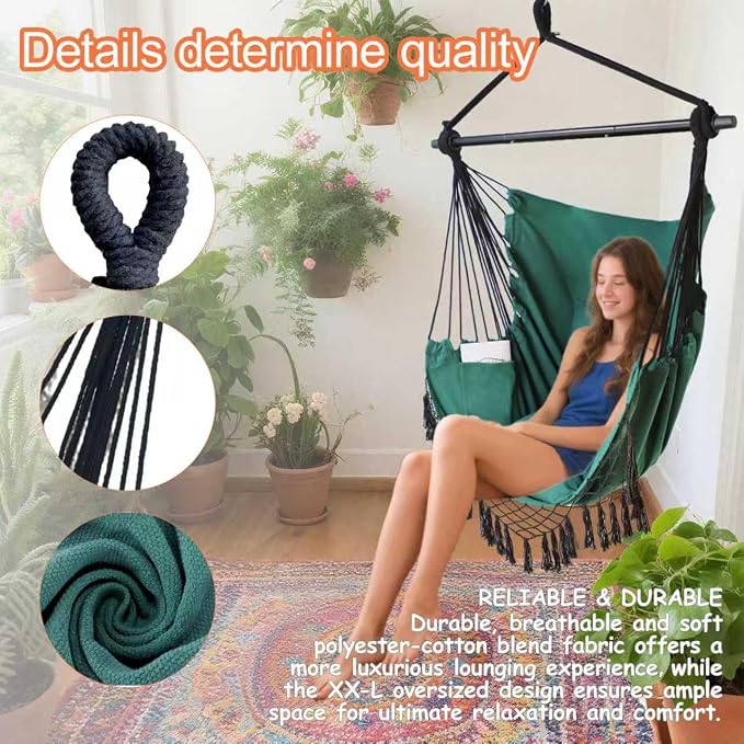 Hammock Chair Hanging Rope Swing Chair, Max 450 Lbs, Large Hanging Chair - Image 5