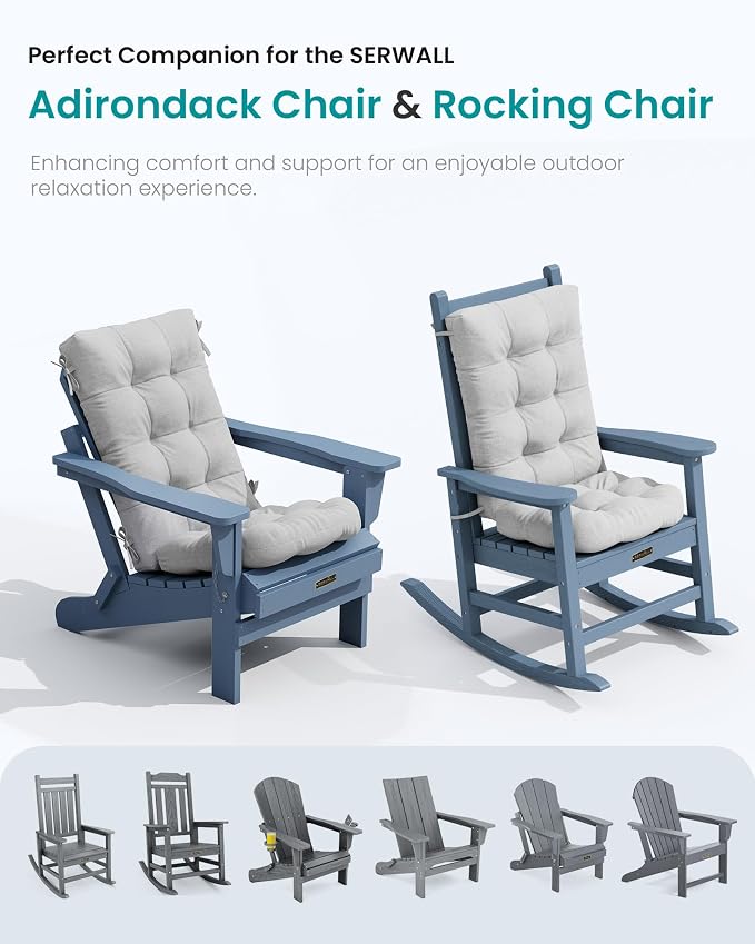 SERWALL HDPE Outdoor Rocking Chair Cushion Set of 2, Memory Foam Cushion Gray - Image 8
