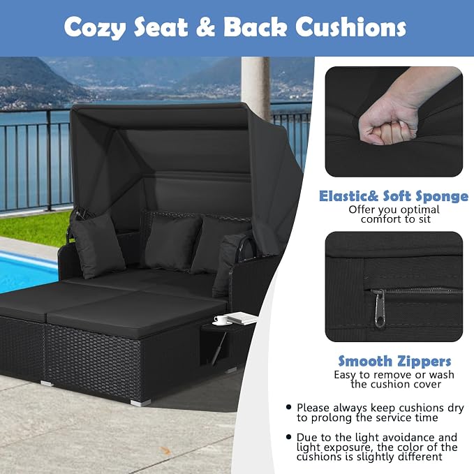 Moccha Outdoor Daybed with Retractable Canopy, Wicker Cabana with 2 Side Tables - Image 4